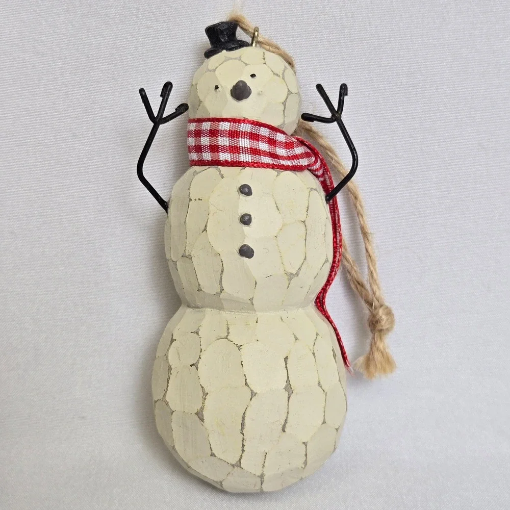 Rustic Primitive Style Snowman Christmas Ornament Crackled Finish 3.75